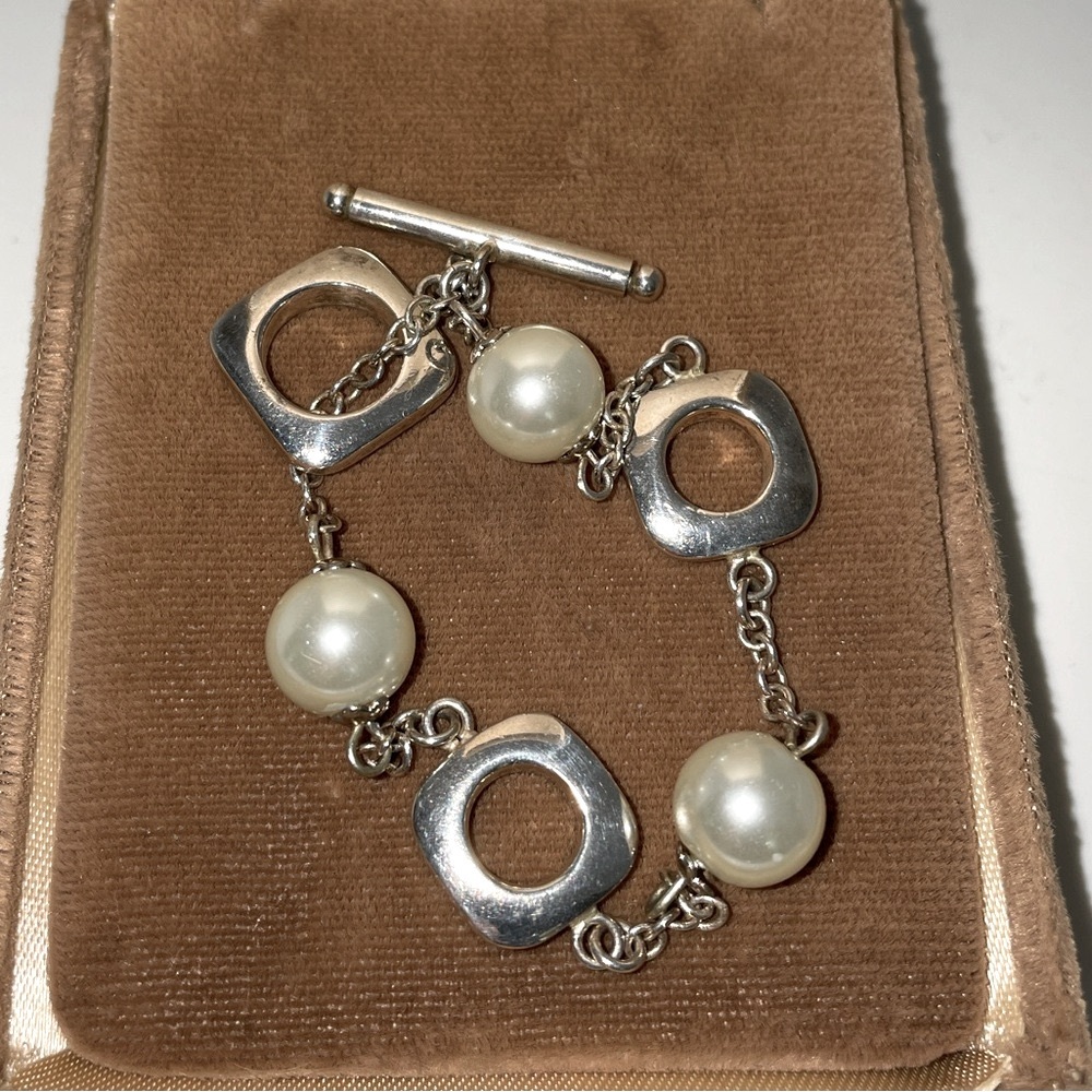 Rare Tiffany & Co 925 Sterling Silver Pearls and Squares Toggle Link Bracelet